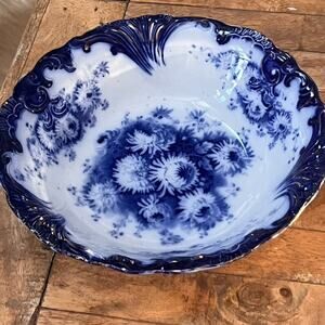 Antique Upper Hanley Semi Porcelain Ironstone Bowl Flow Blue 10" Dahlia Flower